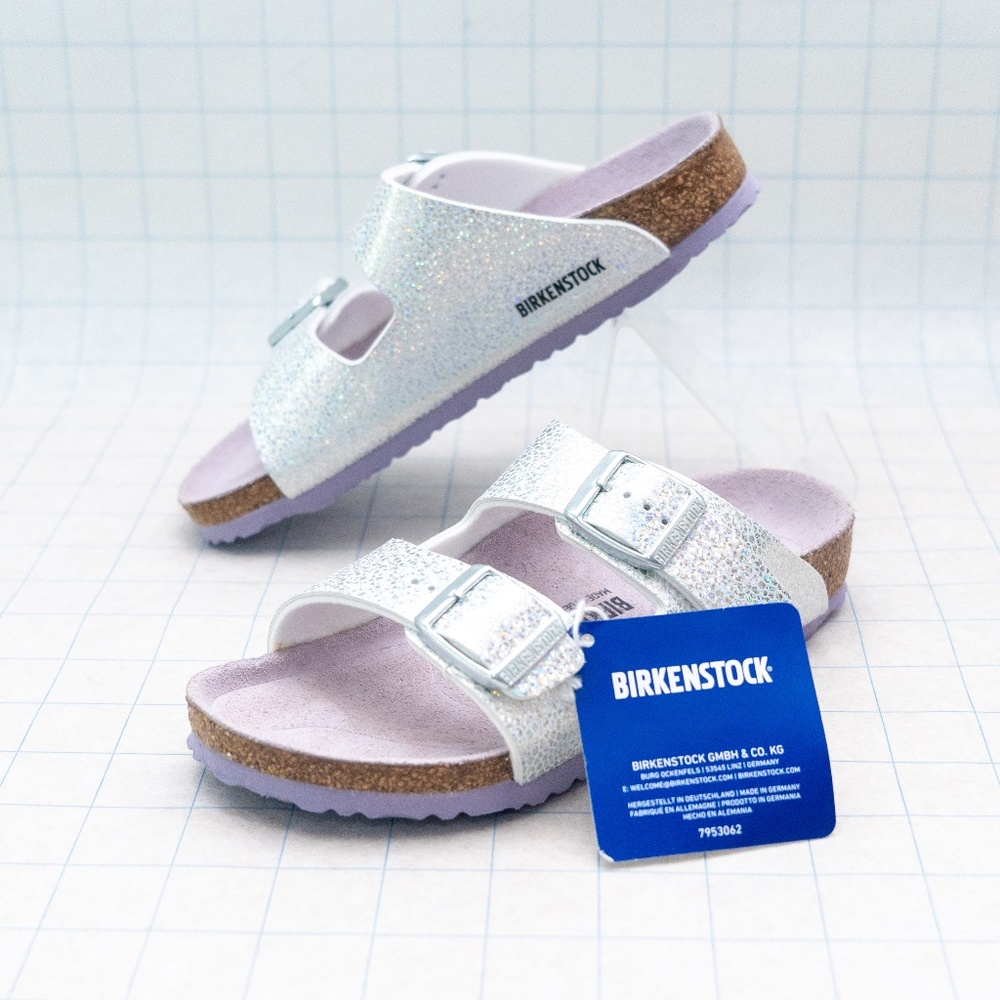 NWT Birkenstock Kid’s Silver Metallic 2-Strap Arizona Sandals - Size 13